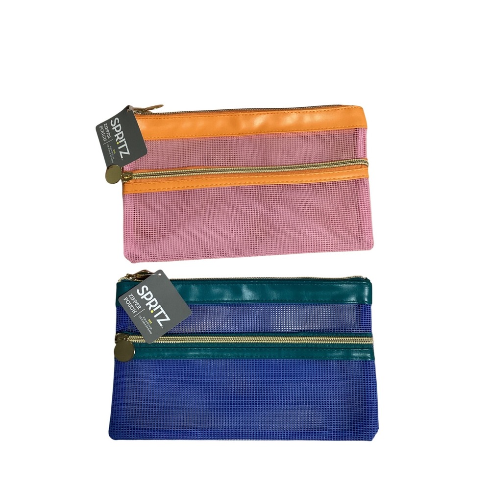 Spritz Mesh Zipper Pouch Set, 2-Pack, Orange Pink Blue‎ Green Makeup Bag